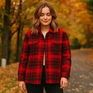 OUTERKNOWN Women's SZ S Cloud Weave Shirt Jacket Red Black Optic Buffalo Plaid